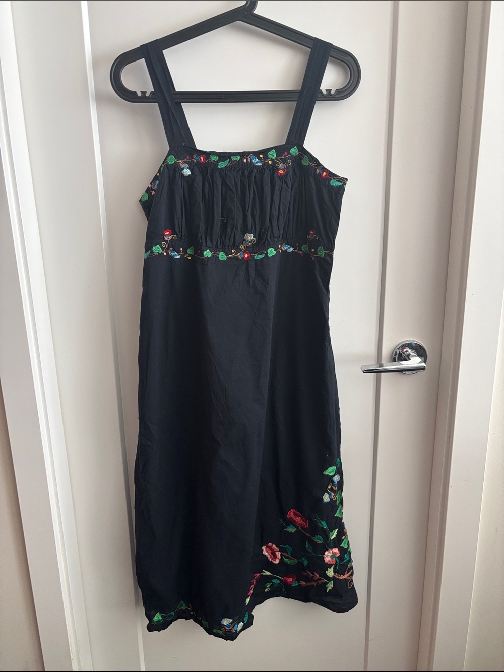 April Cornell Sz S Black Midi Dress Floral Embroidery Square Neckline Straps
